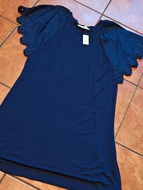 LOFT Navy Eyelet Scallop Sleeve Knit Tunic